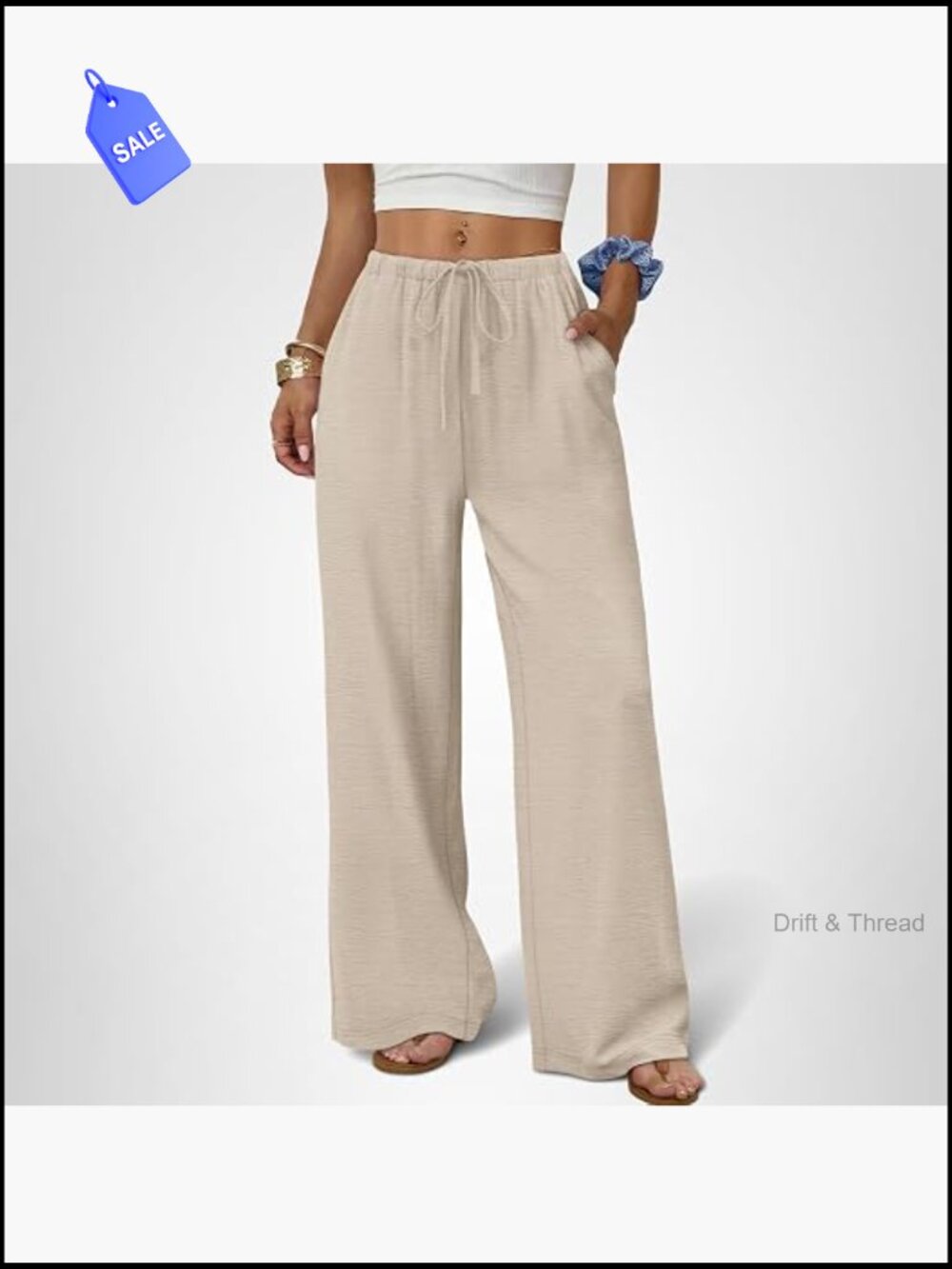 Wide Leg Flowy Palazzo Pants with Pockets Drawstring Elastic Waist Trousers